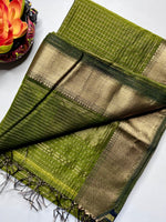 Load image into Gallery viewer, Handwoven Maheshwari Silk Cotton Saree - Limerick Green + Gold
