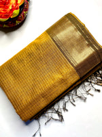 Load image into Gallery viewer, Handwoven Maheshwari Silk Cotton Saree - Mustard Yellow + Livid Brown
