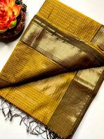 Load image into Gallery viewer, Handwoven Maheshwari Silk Cotton Saree - Mustard Yellow + Livid Brown
