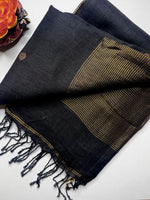 Load image into Gallery viewer, Handwoven Linen Saree - Charcoal Black + Flame Gold

