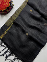Load image into Gallery viewer, Handwoven Linen Saree - Charcoal Black + Flame Gold
