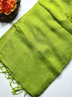 Load image into Gallery viewer, Handwoven Linen Saree - Mist Green + Flame Gold
