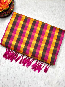 Soft Silk Saree  - Multicolor Mini Checks + Persian Pink