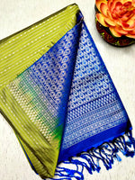 Load image into Gallery viewer, Soft Silk Saree  - Bile Green + Phthalo Blue
