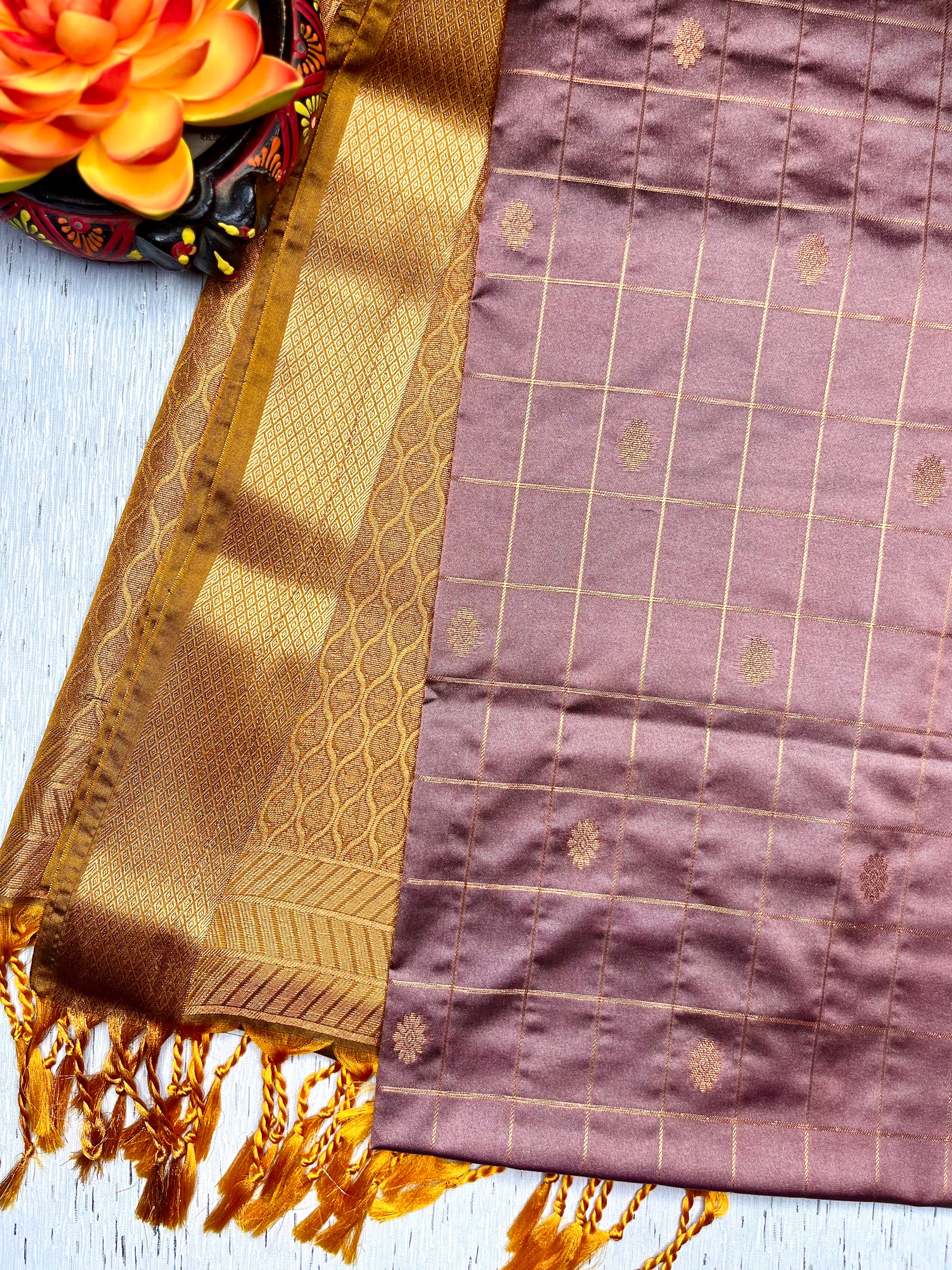 Soft Silk Saree  - Opera Mauve + Yellow Ochre