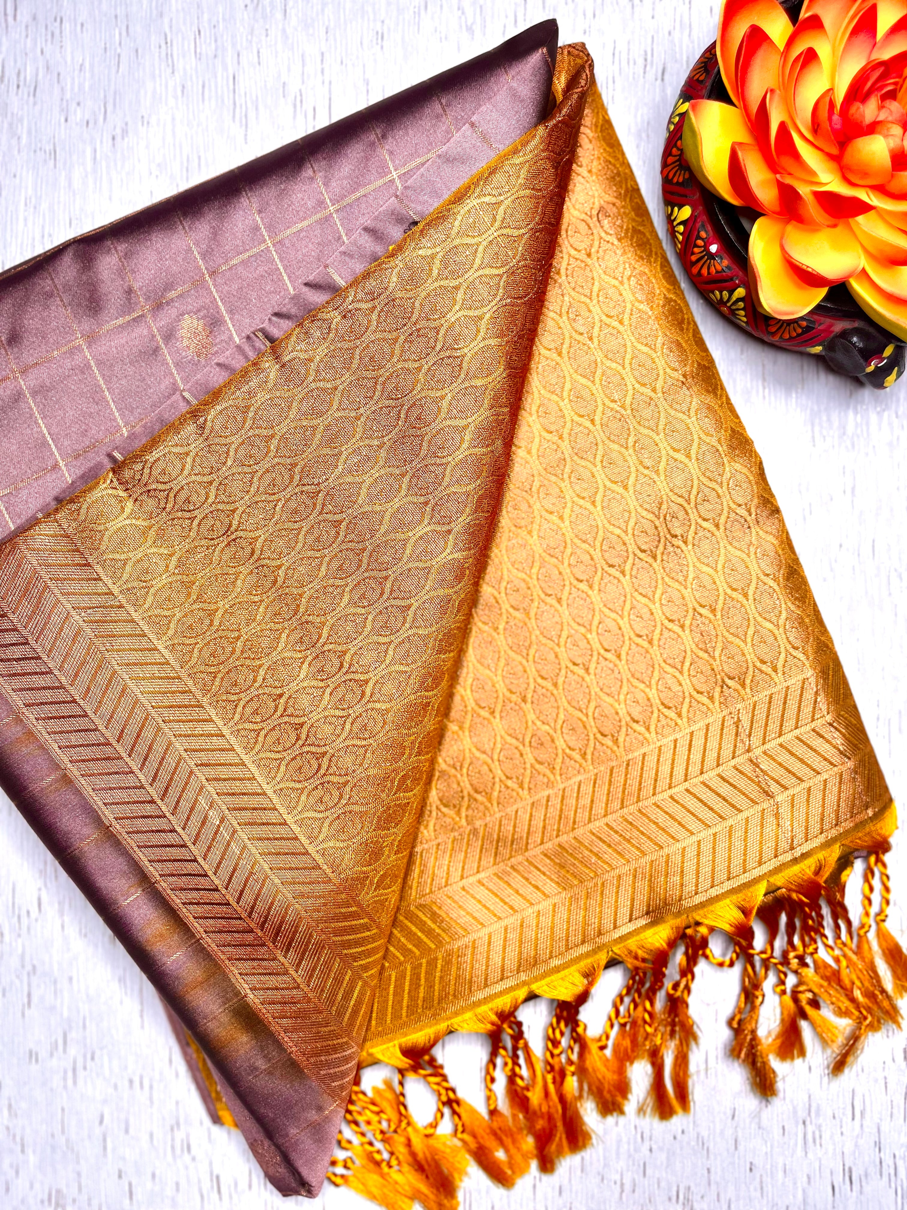 Soft Silk Saree  - Opera Mauve + Yellow Ochre