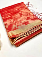 Load image into Gallery viewer, Handwoven Silk Zari Cotton Saree - Crimson Red + Gold
