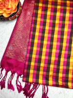 Load image into Gallery viewer, Soft Silk Saree  - Multicolor Mini Checks + Persian Pink
