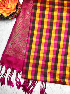 Soft Silk Saree  - Multicolor Mini Checks + Persian Pink