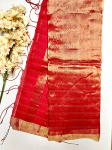 Handwoven Silk Zari Cotton Saree - Crimson Red + Gold