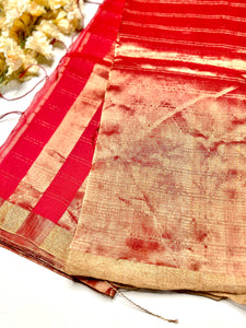 Handwoven Silk Zari Cotton Saree - Crimson Red + Gold