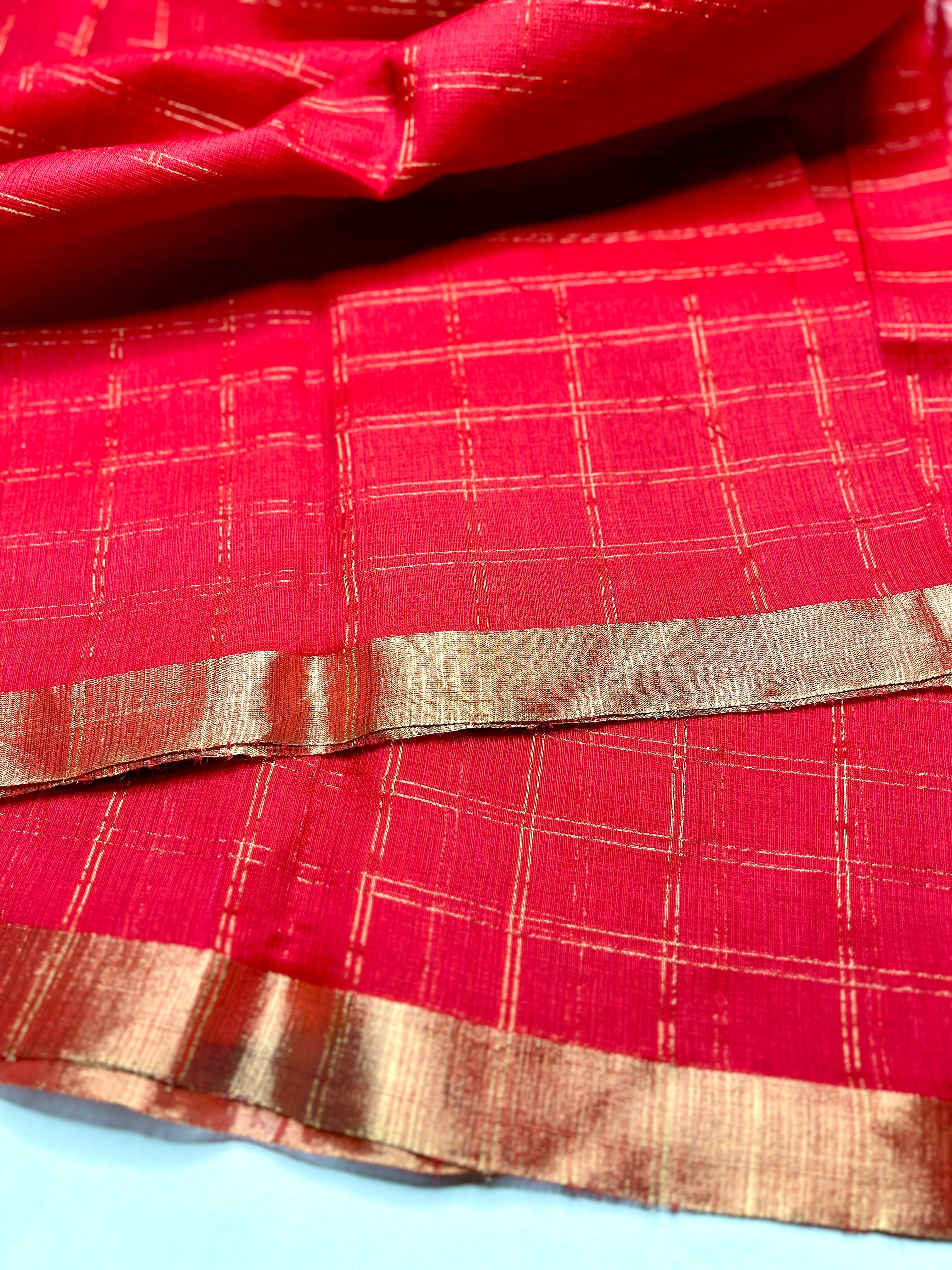 Handwoven Silk Zari Cotton Saree - Crimson Red + Gold