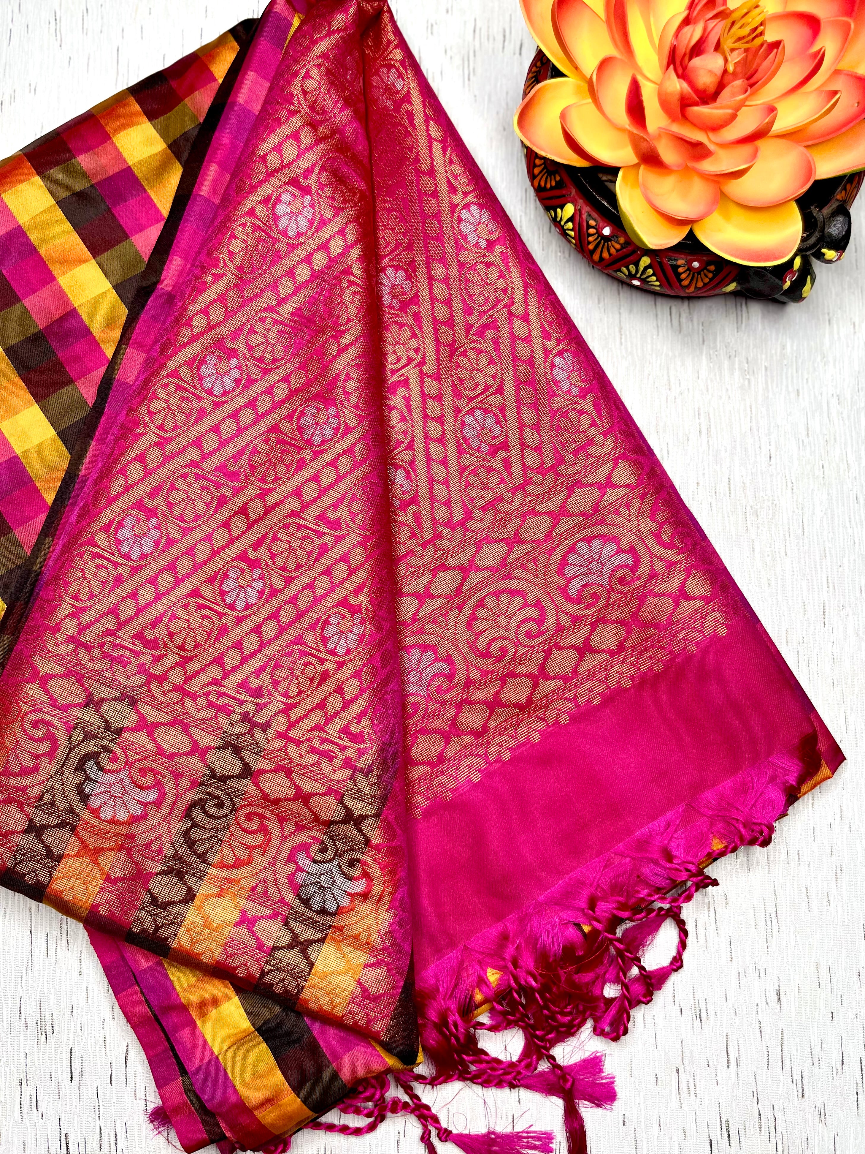 Soft Silk Saree  - Multicolor Mini Checks + Persian Pink