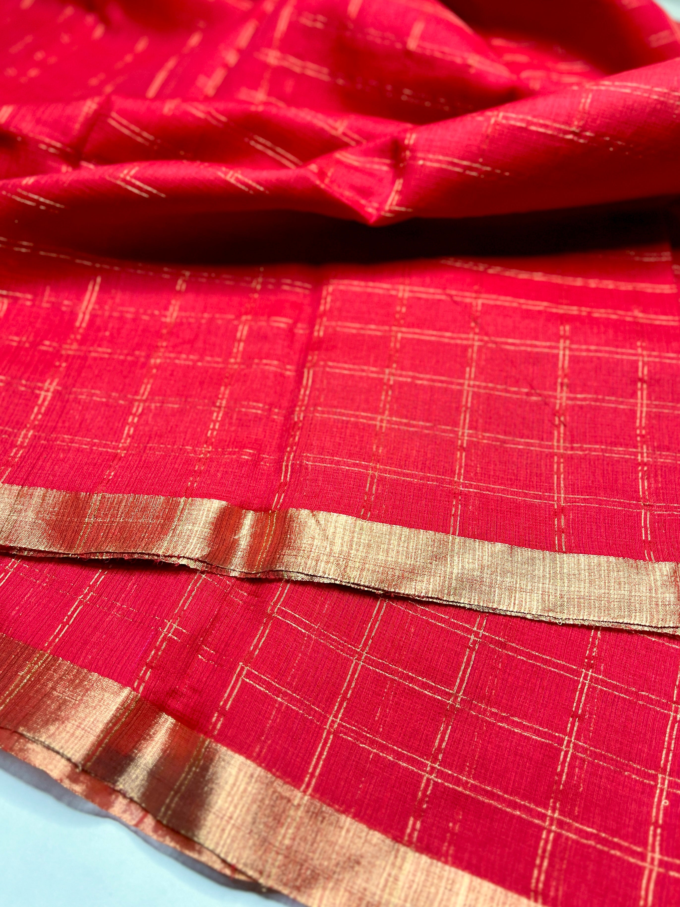 Handwoven Silk Zari Cotton Saree - Crimson Red + Gold