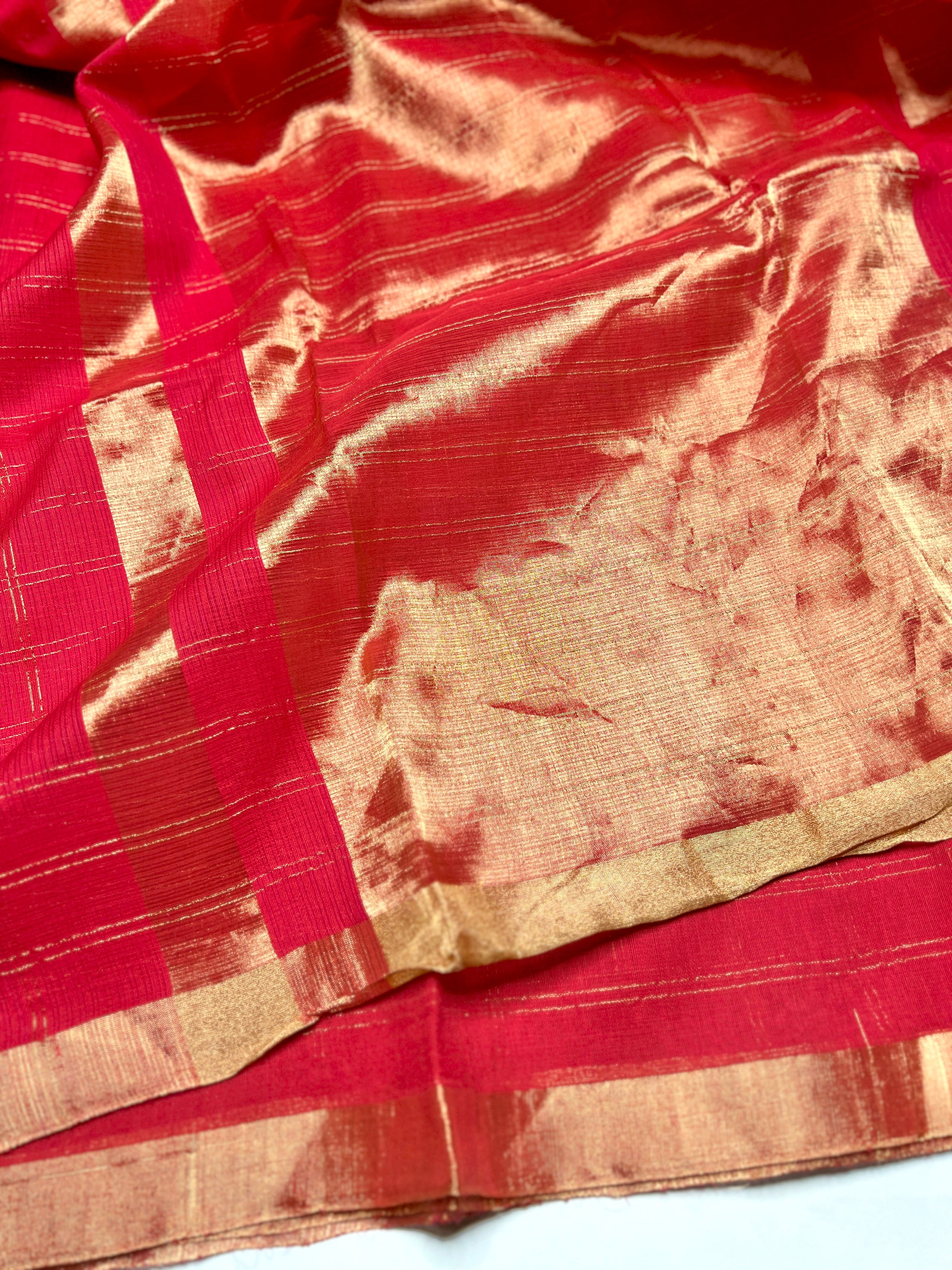 Handwoven Silk Zari Cotton Saree - Crimson Red + Gold