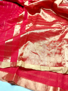 Handwoven Silk Zari Cotton Saree - Crimson Red + Gold