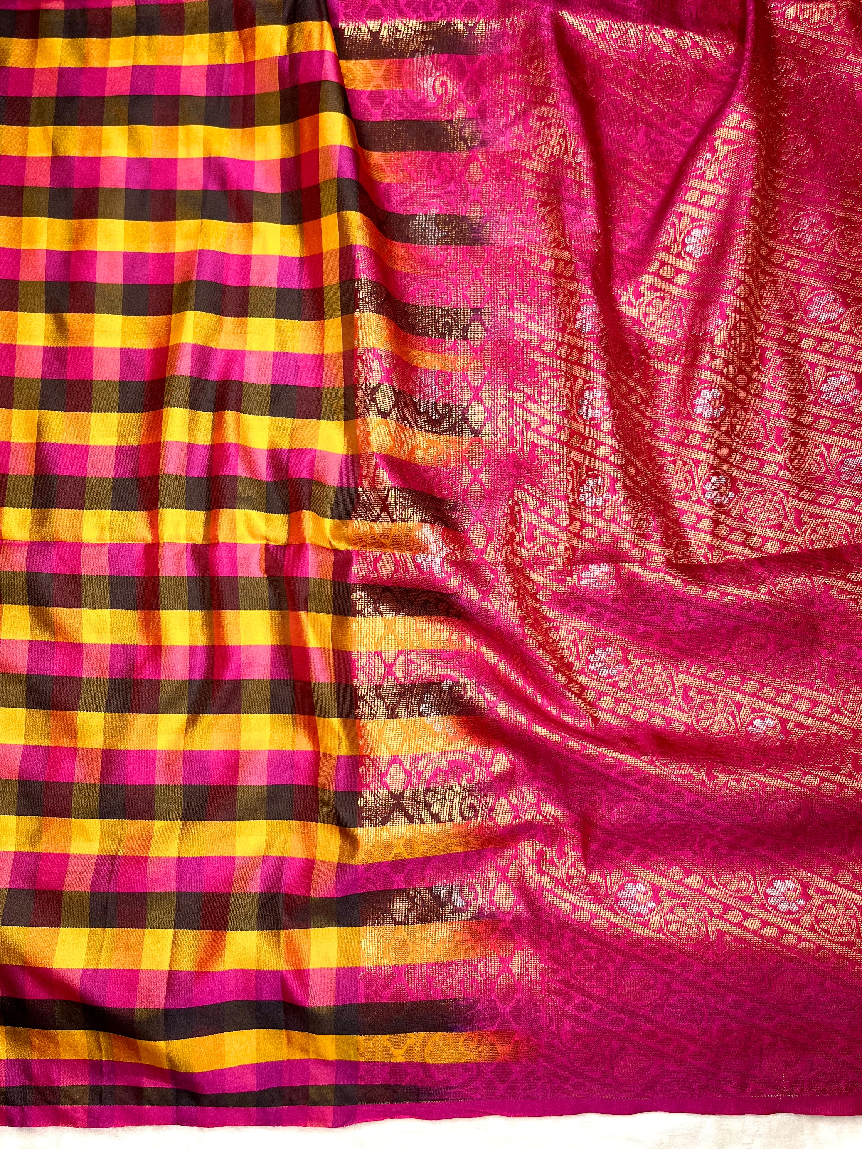 Soft Silk Saree  - Multicolor Mini Checks + Persian Pink
