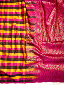 Soft Silk Saree  - Multicolor Mini Checks + Persian Pink