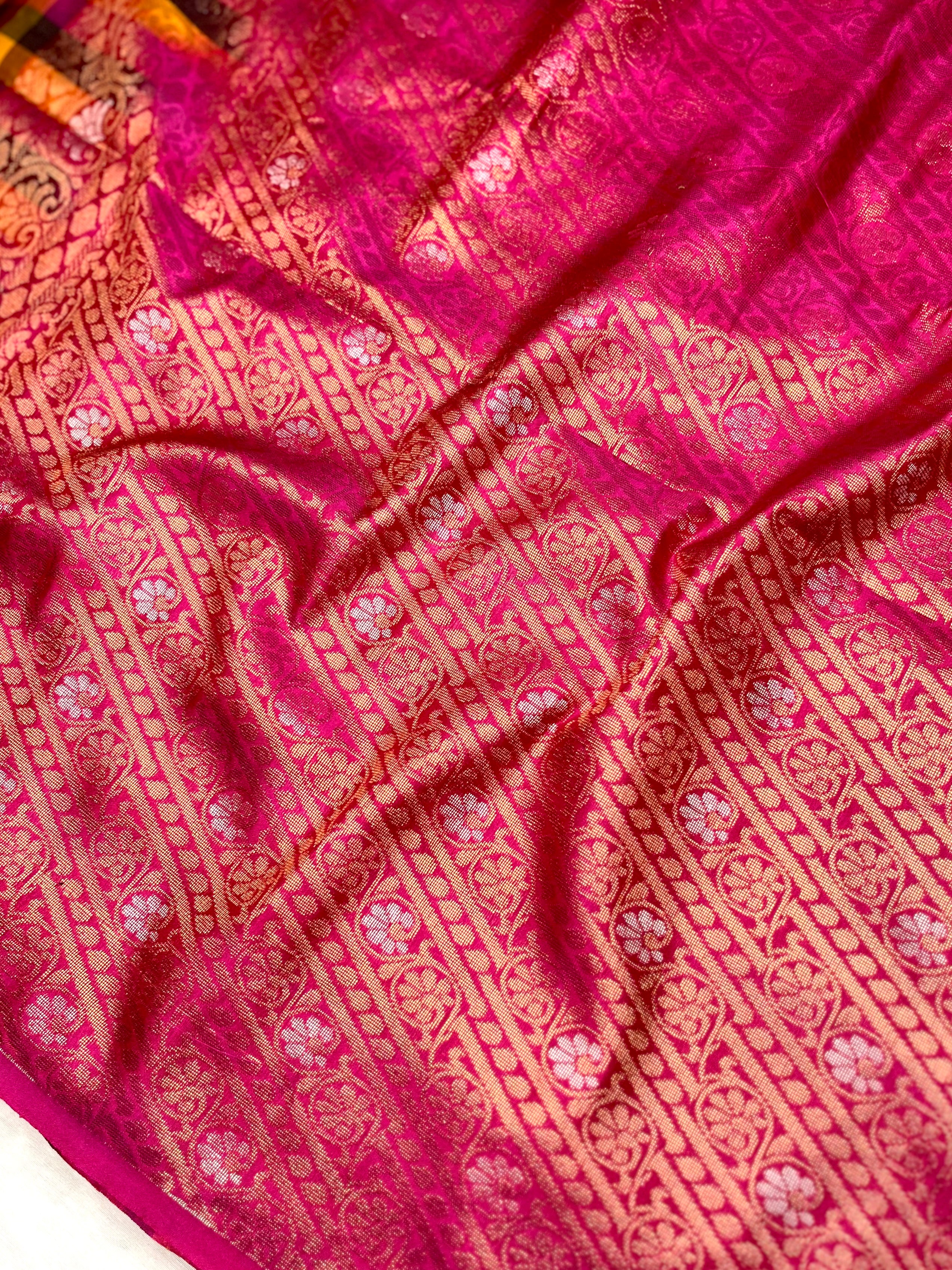 Soft Silk Saree  - Multicolor Mini Checks + Persian Pink