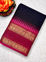 Load image into Gallery viewer, Kanchi Cotton Saree - Smoky Black  + Mulberry Pink
