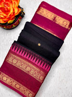 Load image into Gallery viewer, Kanchi Cotton Saree - Smoky Black  + Mulberry Pink
