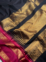 Load image into Gallery viewer, Kanchi Cotton Saree - Smoky Black  + Mulberry Pink
