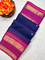 Load image into Gallery viewer, Kanchi Cotton Saree - Persian Blue  + Cardinal Pink
