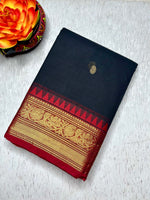 Load image into Gallery viewer, Kanchi Cotton Saree - Charcoal Black  + Brick Red
