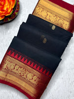 Load image into Gallery viewer, Kanchi Cotton Saree - Charcoal Black  + Brick Red

