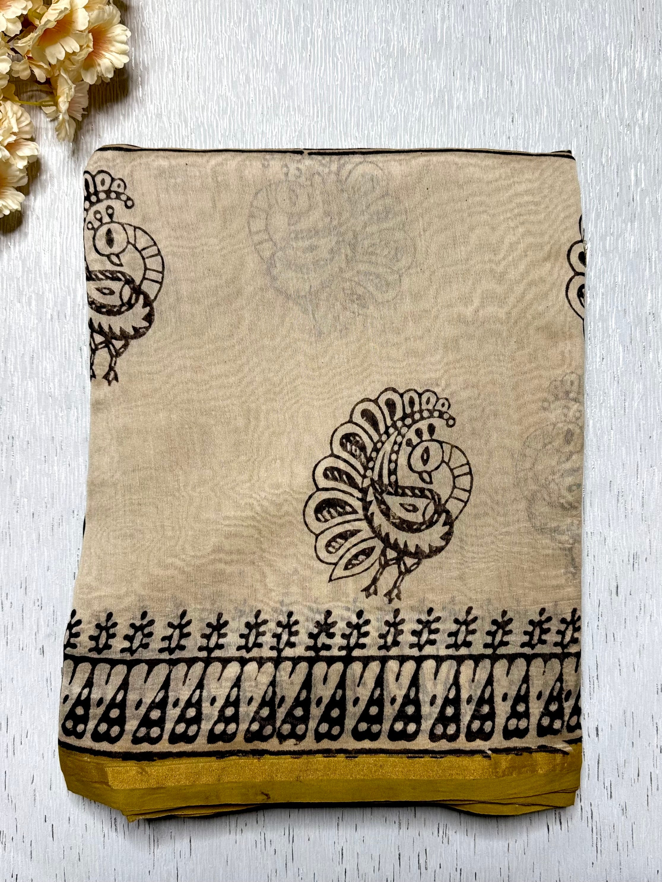 Handblock Printed Silk Cotton Saree -  Thunder Black + Cream