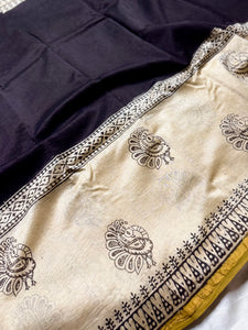 Handblock Printed Silk Cotton Saree -  Thunder Black + Cream