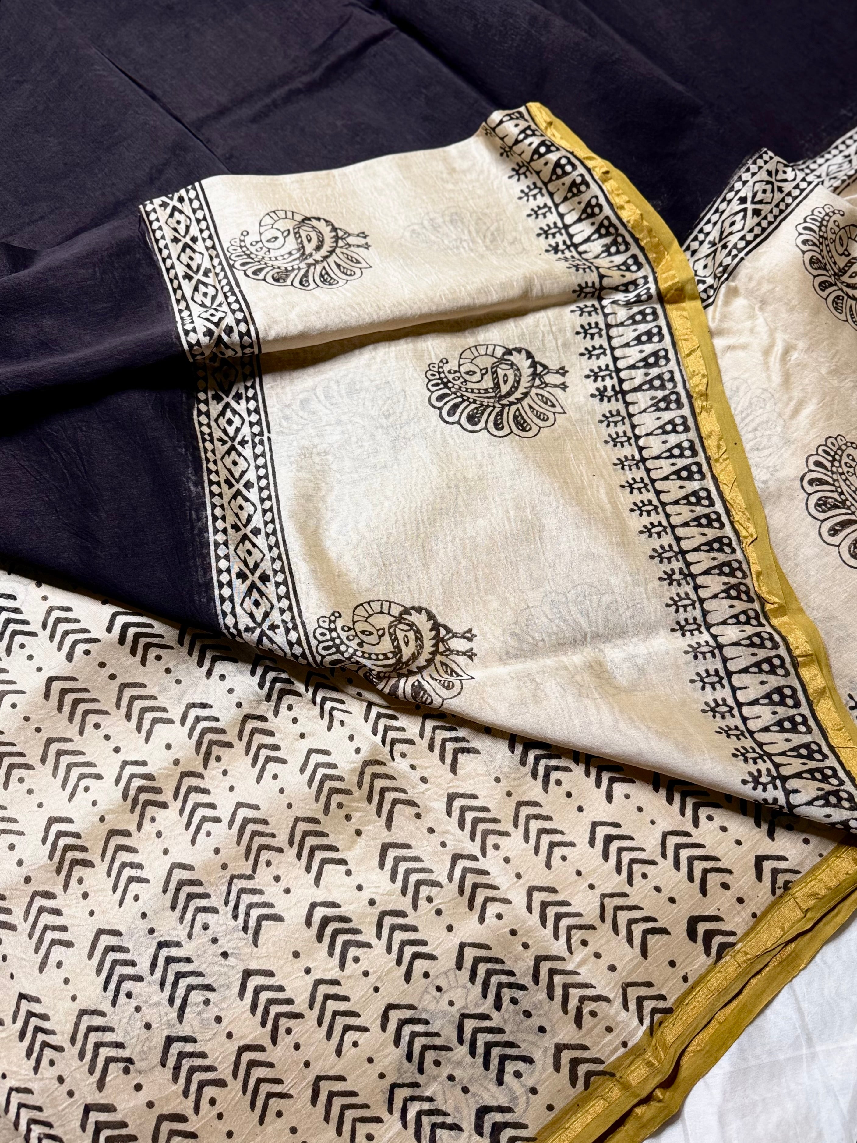 Handblock Printed Silk Cotton Saree -  Thunder Black + Cream