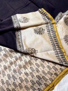 Handblock Printed Silk Cotton Saree -  Thunder Black + Cream