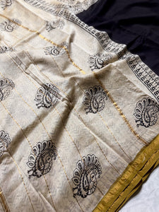 Handblock Printed Silk Cotton Saree -  Thunder Black + Cream
