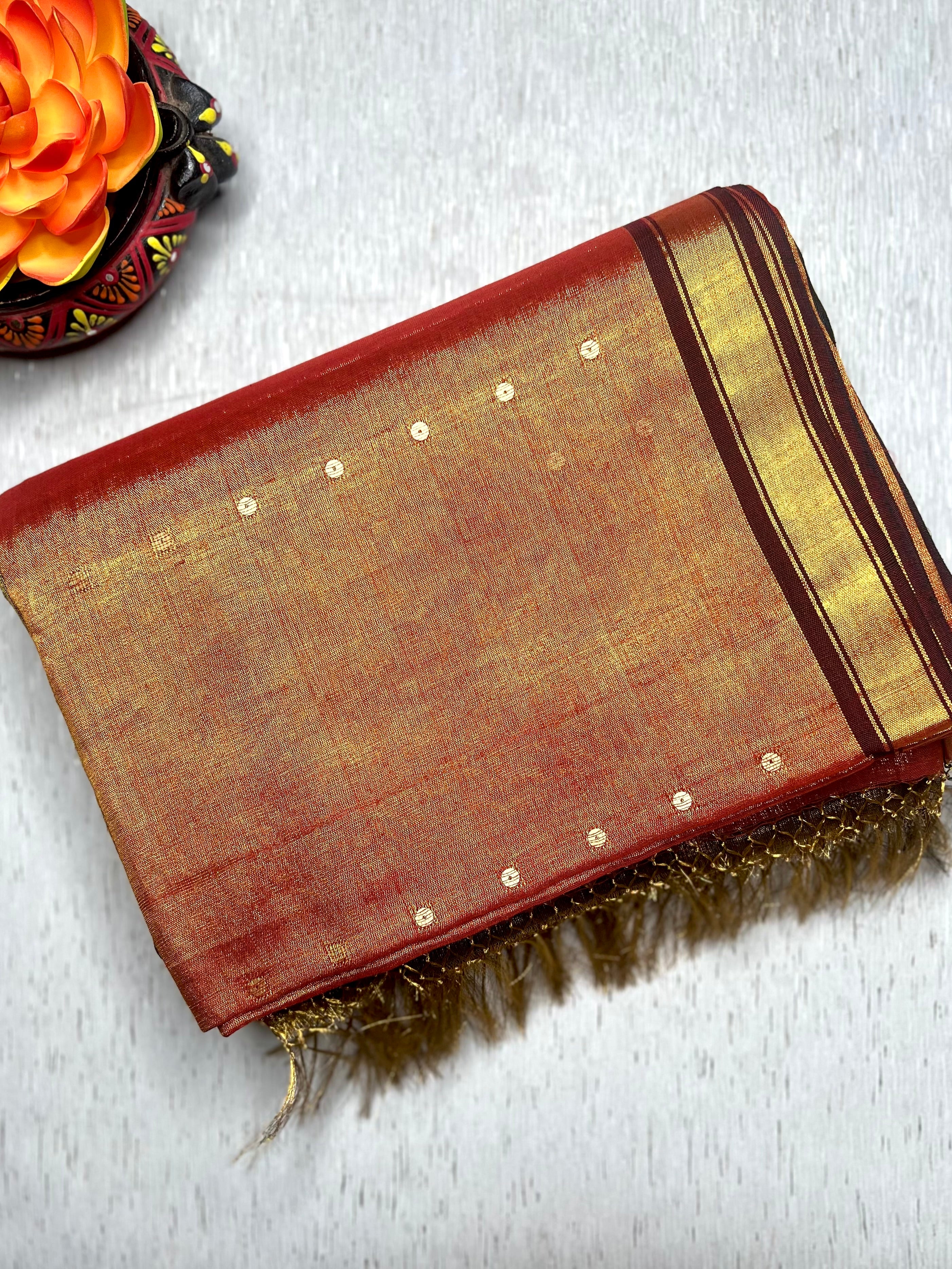 Handwoven Tissue Saree - Fire Bush + Pesto Green