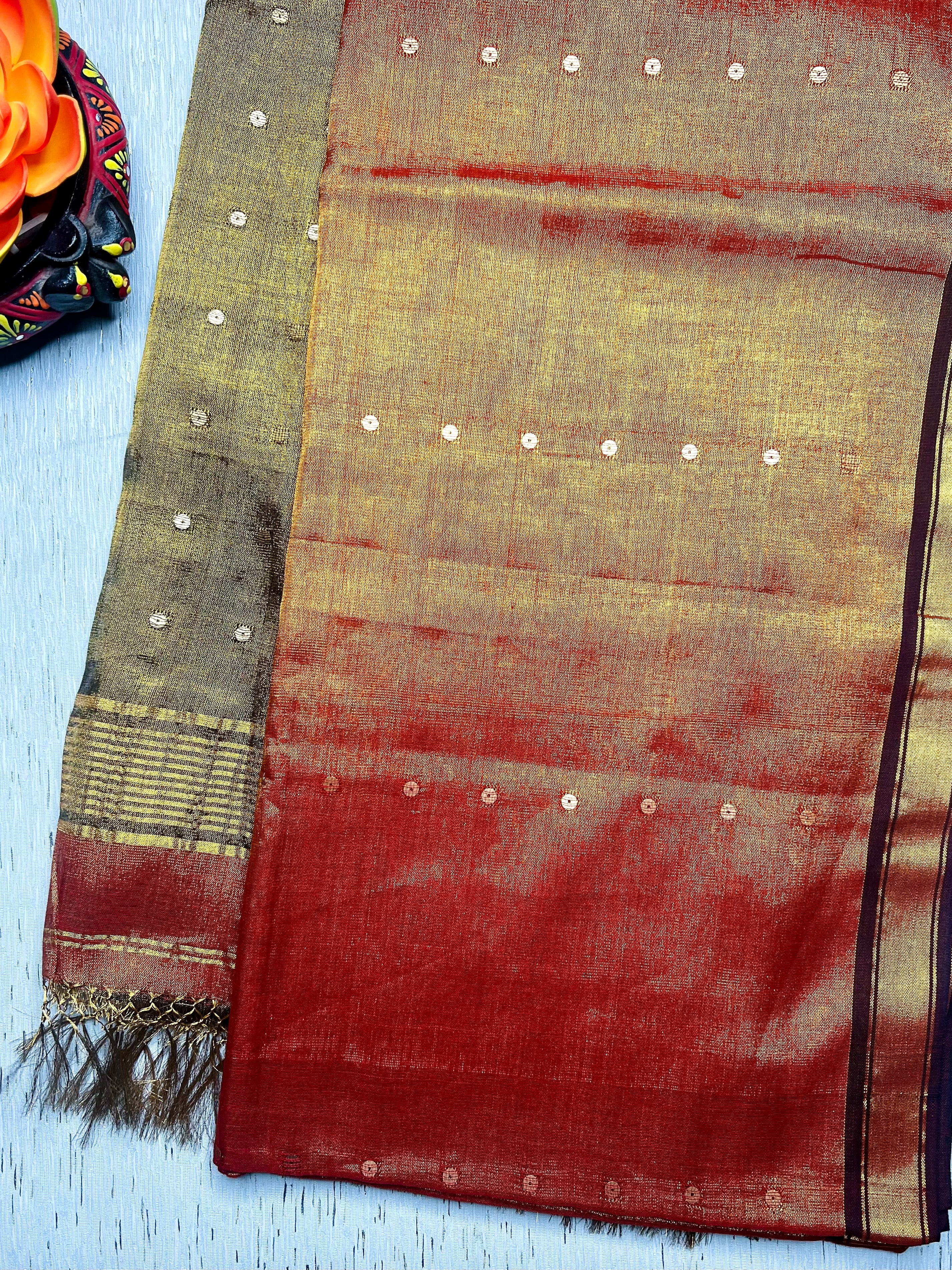 Handwoven Tissue Saree - Fire Bush + Pesto Green