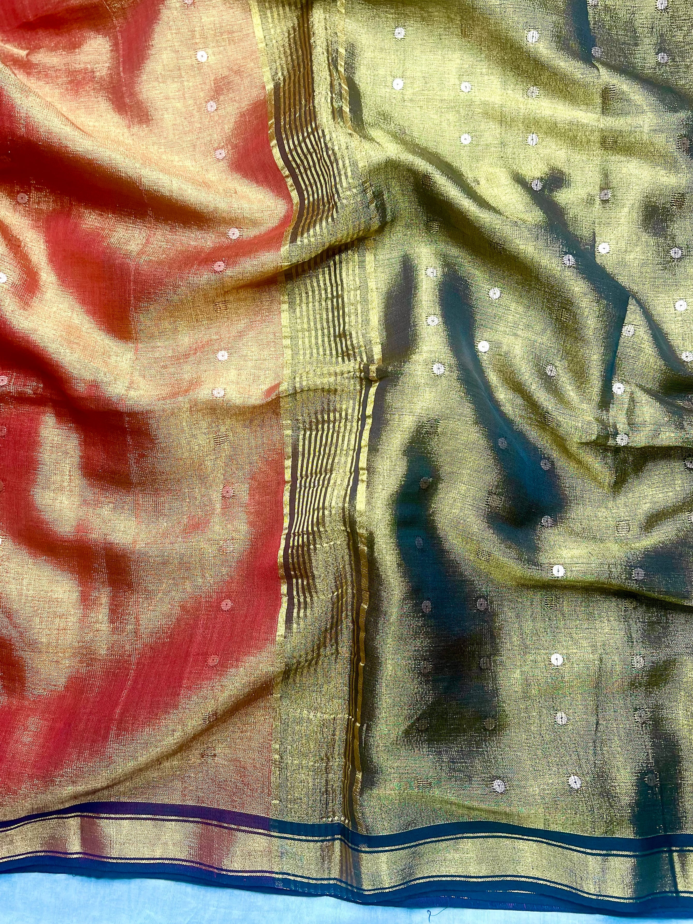 Handwoven Tissue Saree - Fire Bush + Pesto Green