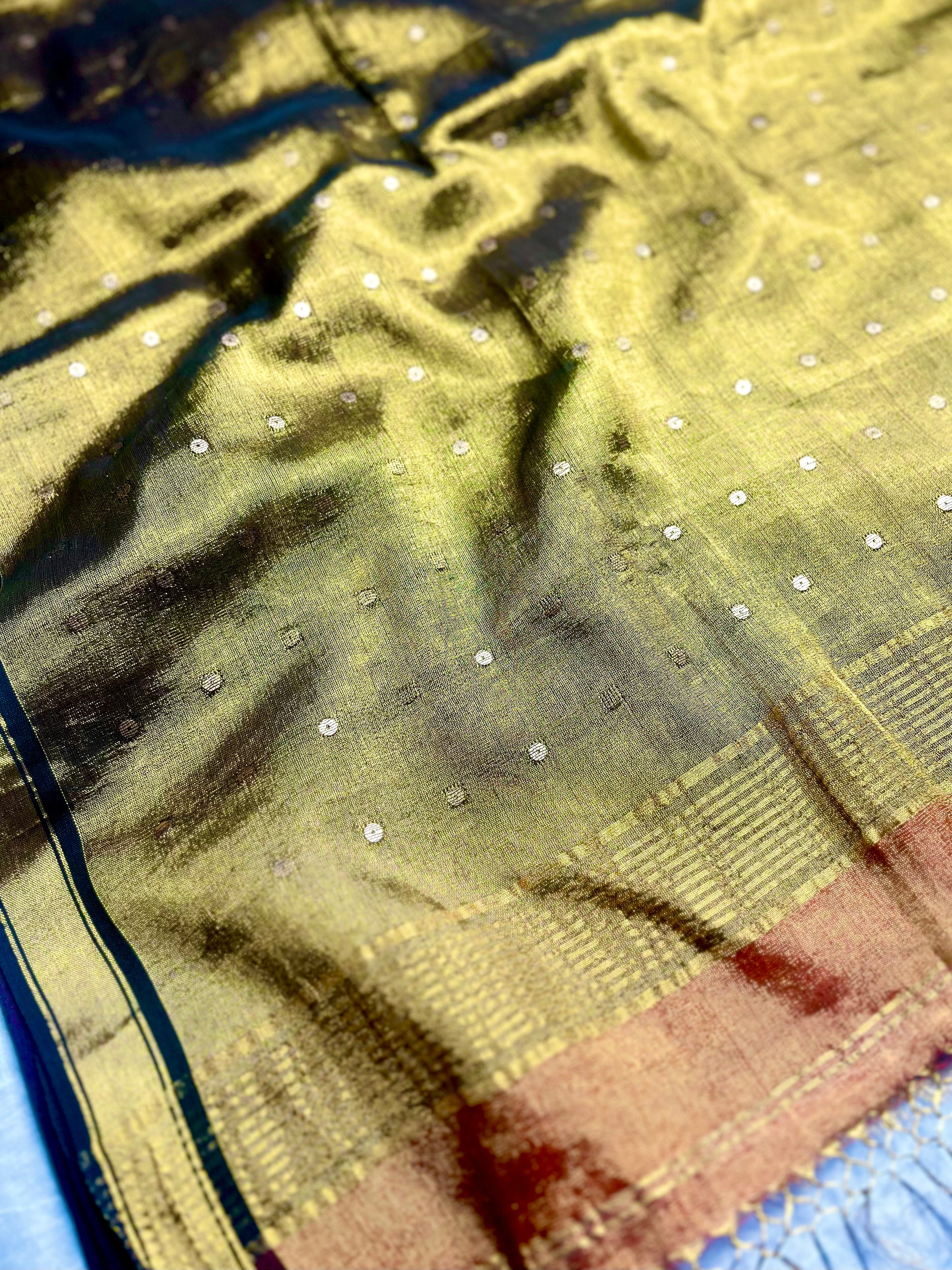Handwoven Tissue Saree - Fire Bush + Pesto Green