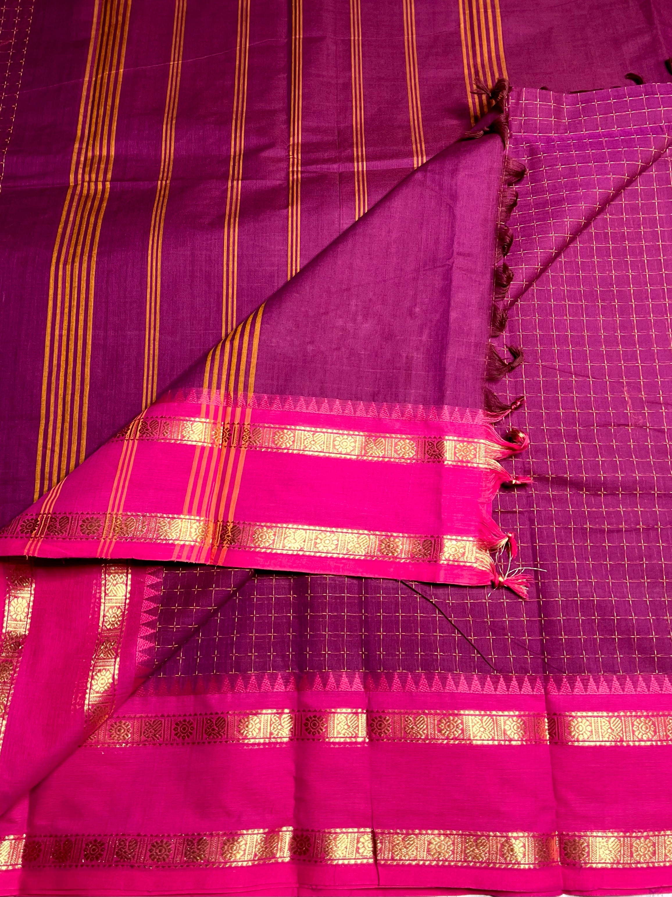 Chettinad Cotton Saree - Red Violet + Golden Grass