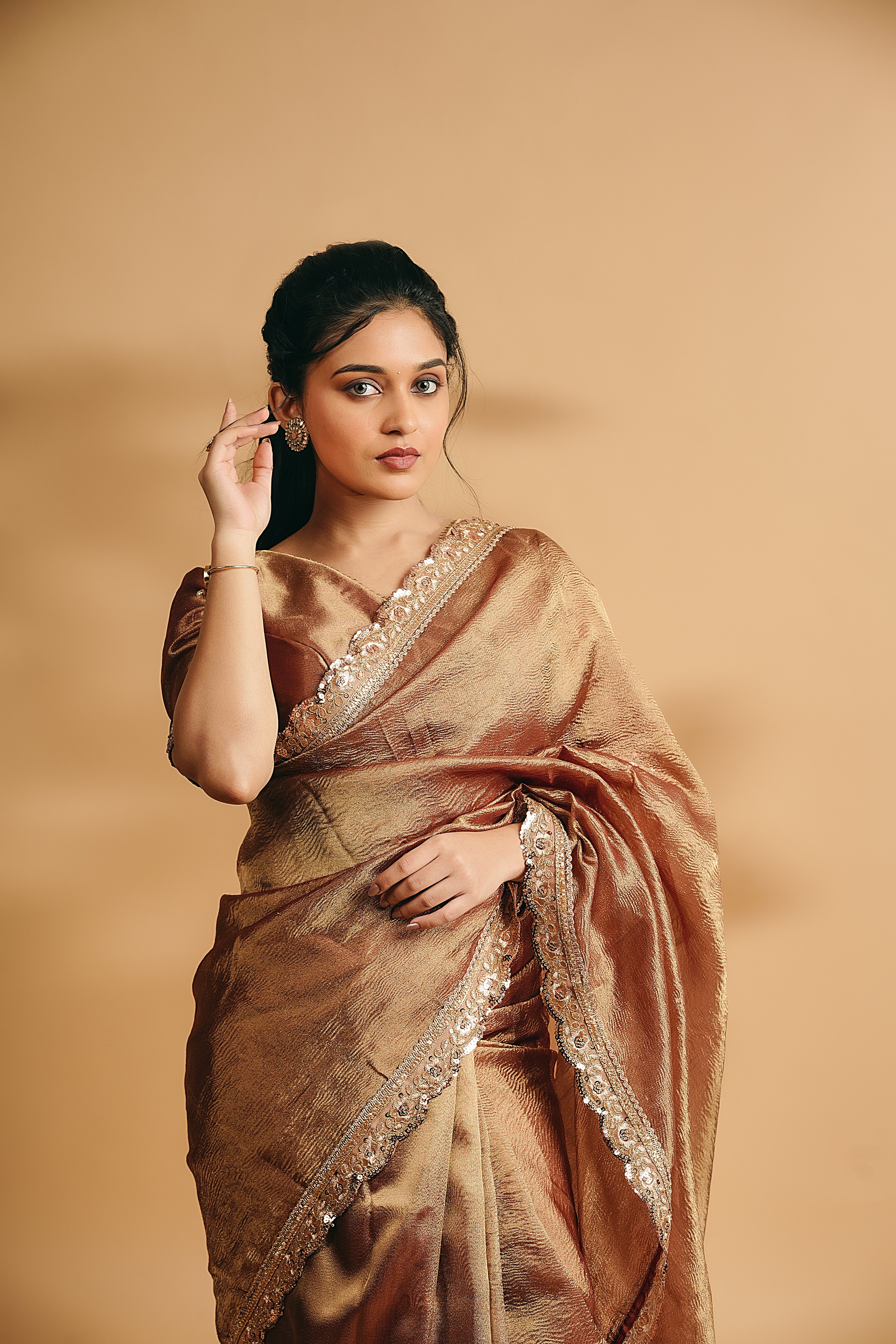 Sona - Crushed Tissue Silk Saree - Copper Gold