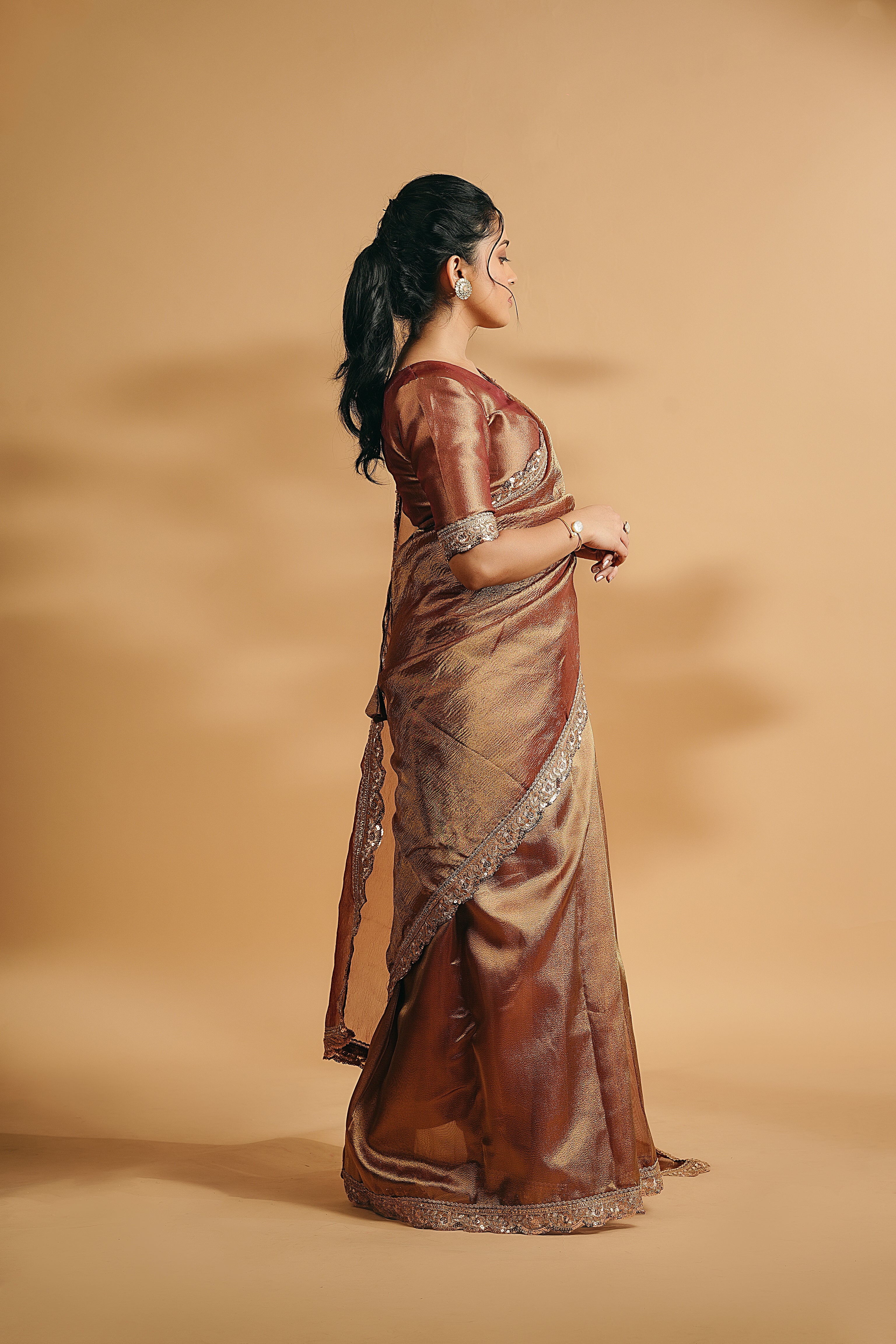 Sona - Crushed Tissue Silk Saree - Copper Gold