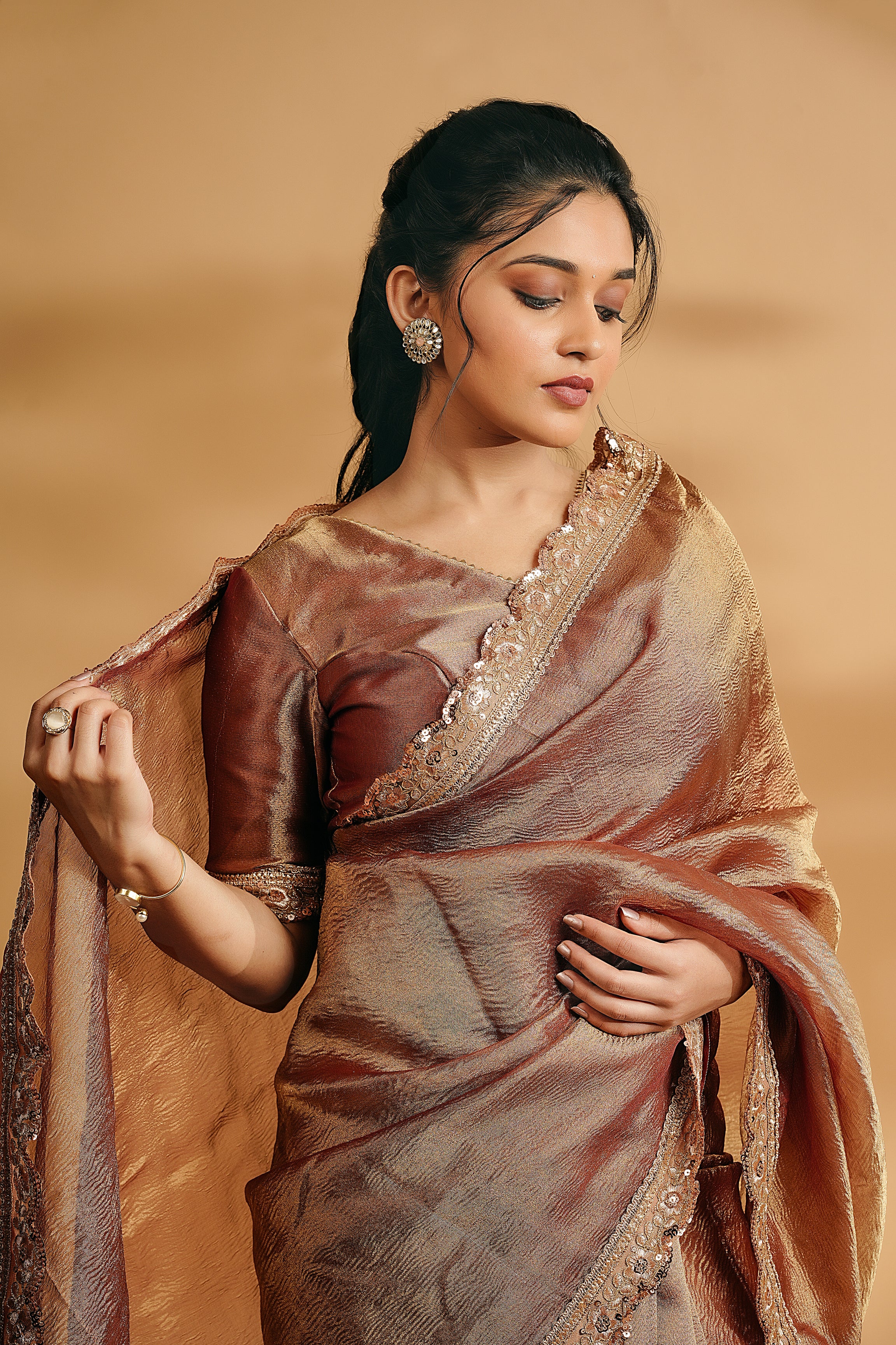 Sona - Crushed Tissue Silk Saree - Copper Gold