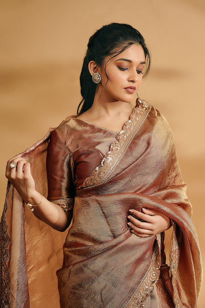 Sona Crushed Tissue Silk Saree Copper Gold