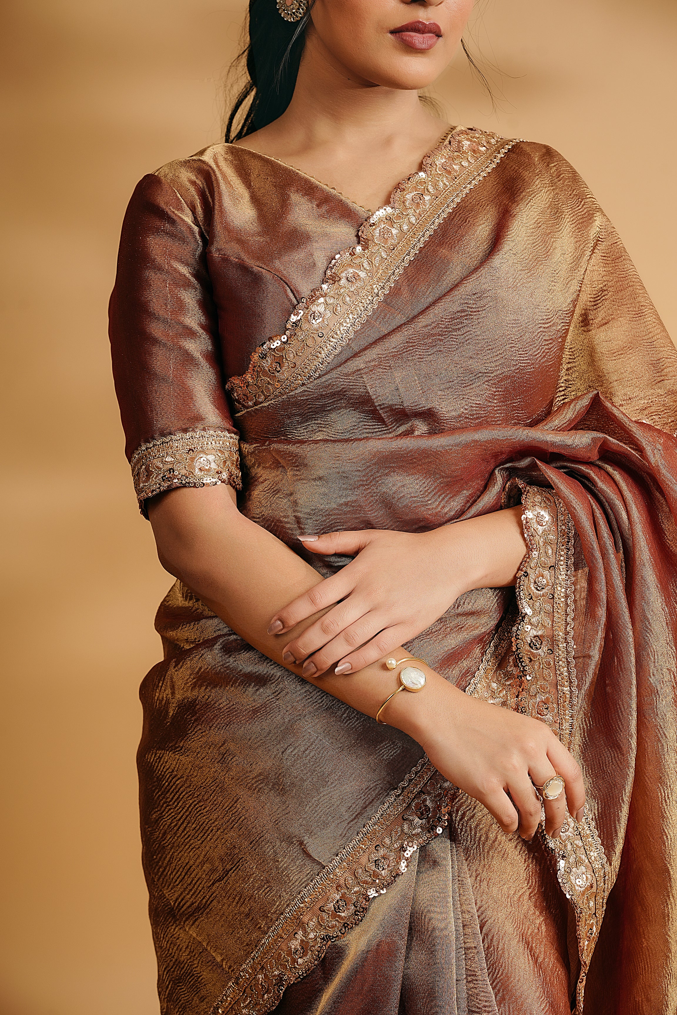 Sona - Crushed Tissue Silk Saree - Copper Gold