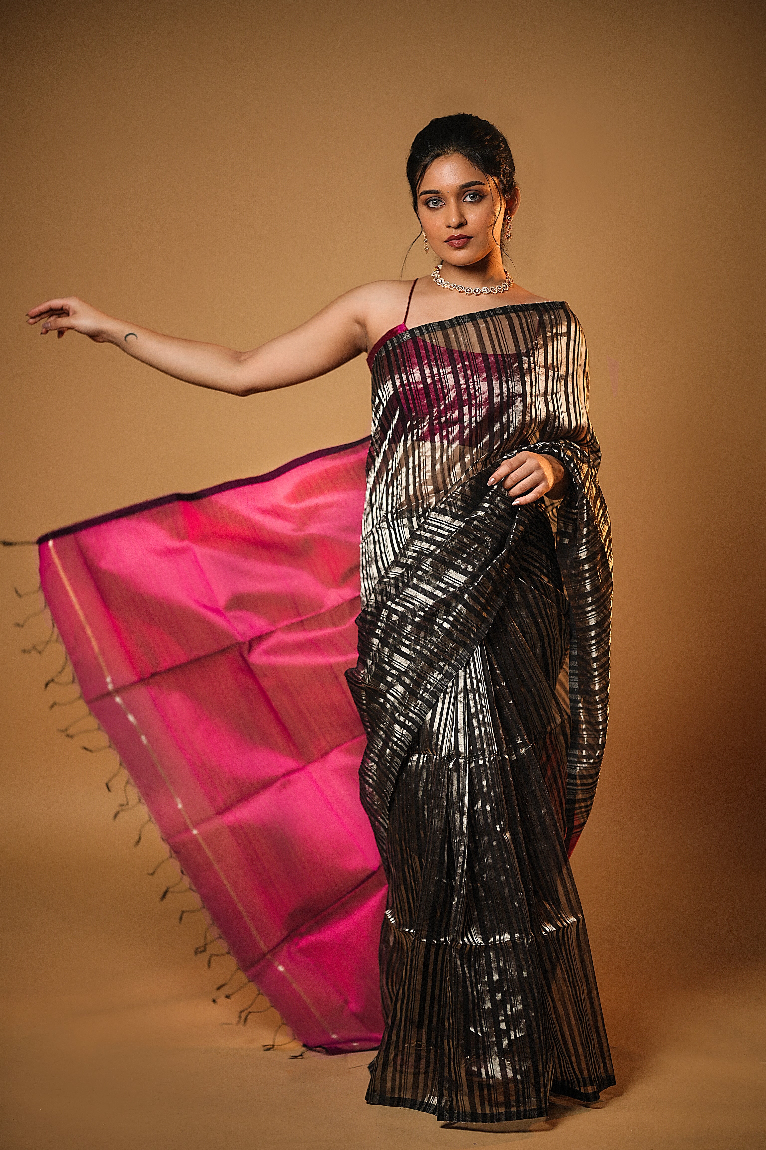 Anika - Handwoven Silk Cotton Saree - Dune Black + Crimson Pink