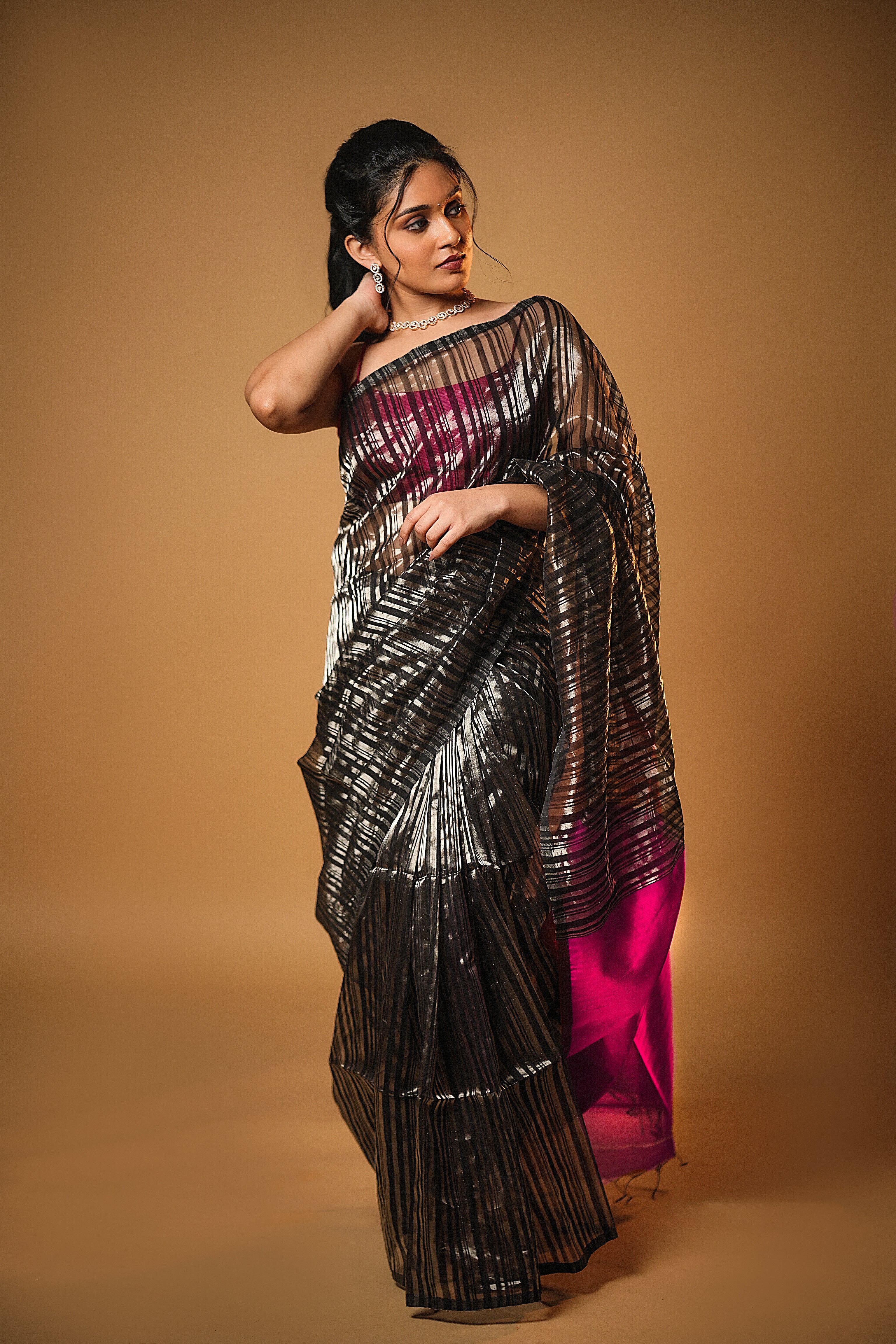 Anika - Handwoven Silk Cotton Saree - Dune Black + Crimson Pink