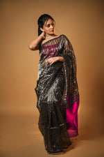 Load image into Gallery viewer, Anika - Handwoven Silk Cotton Saree - Dune Black + Crimson Pink
