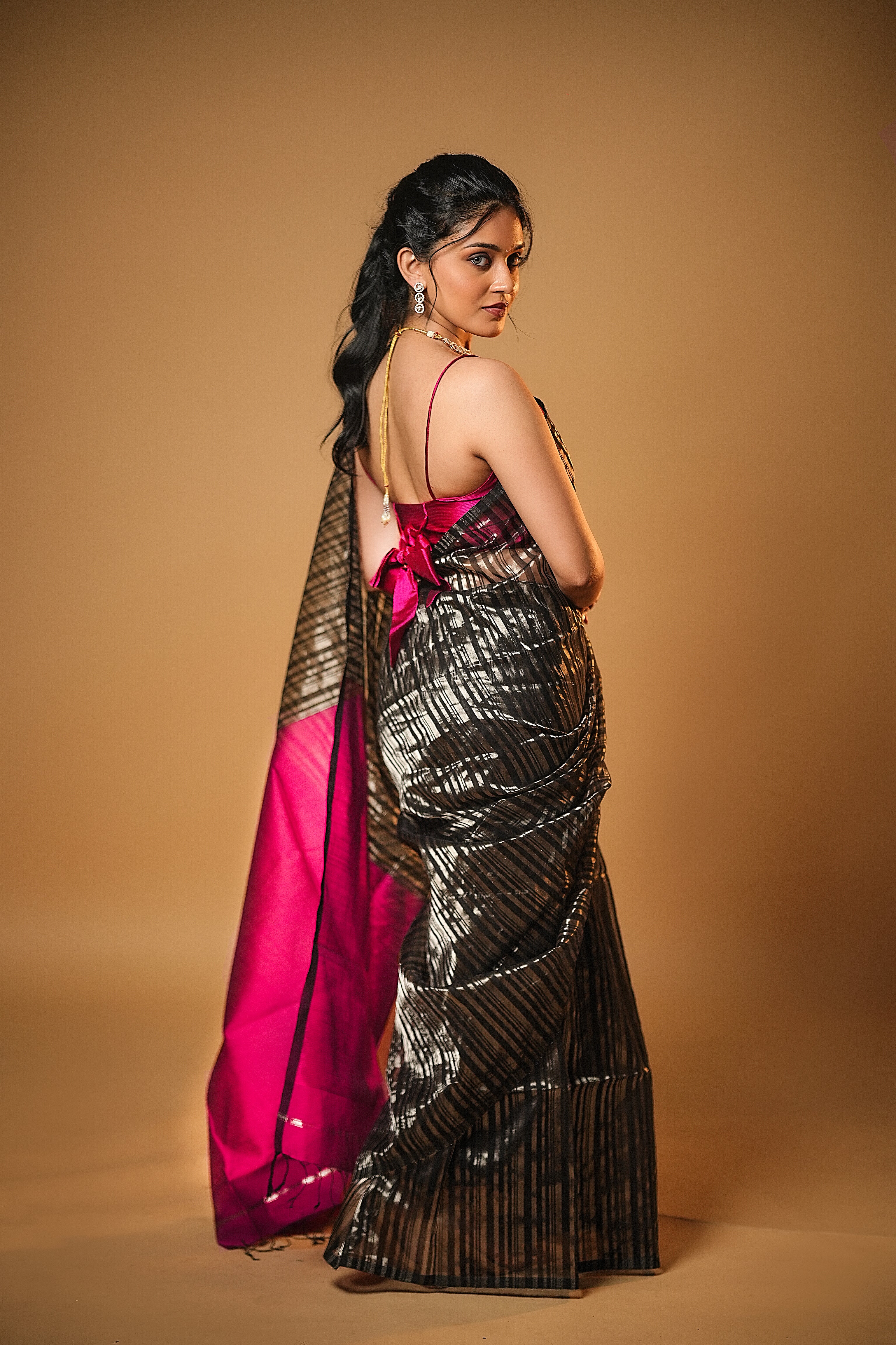 Anika - Handwoven Silk Cotton Saree - Dune Black + Crimson Pink