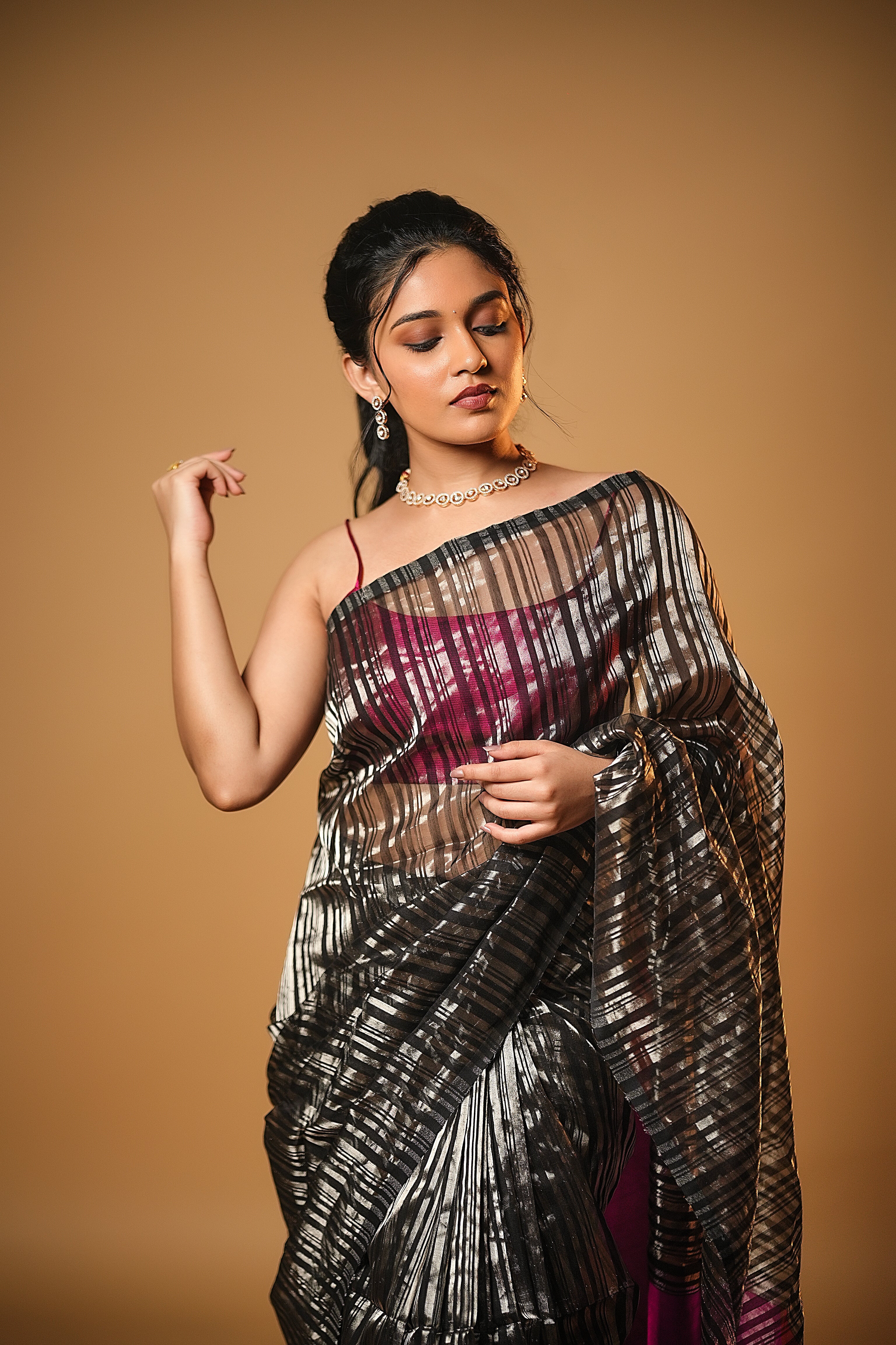 Anika - Handwoven Silk Cotton Saree - Dune Black + Crimson Pink