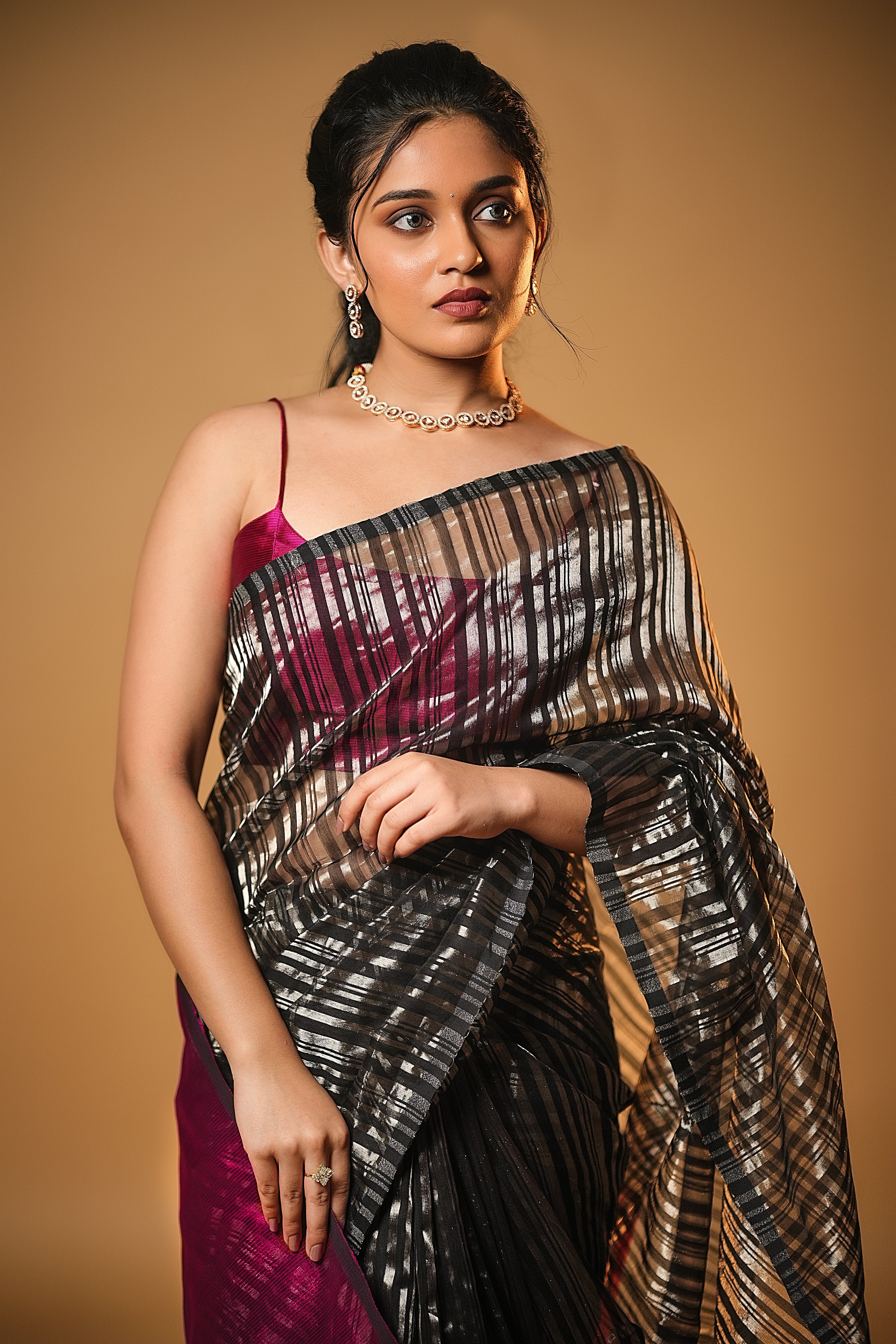 Anika - Handwoven Silk Cotton Saree - Dune Black + Crimson Pink